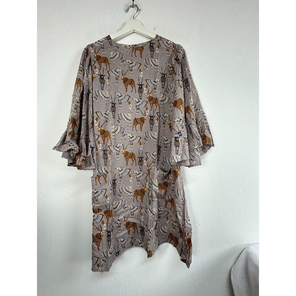 World Market Womens African Safari Print Bell Sleeve Tunic Shift Dress S/M Gray